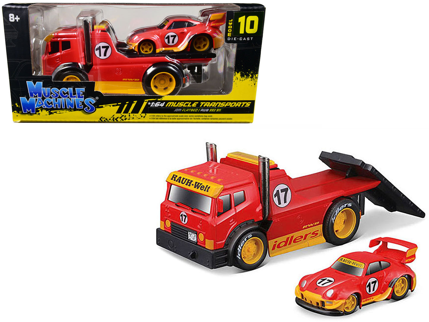 JDM Flatbed Truck #17 Red "RAUH-Welt BEGRIFF" and Porsche RWB 911 993 #17 Red "Muscle Transports" Series 1/64 Diecast Model Cars by Muscle Machines - Use code SHOPAPP15 to get 15 percent off