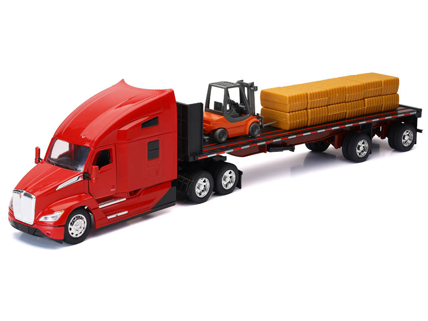 Kenworth T680 Truck Red and Flatbed Trailer with Forklift and Hay Load "Long Haul Trucker" Series 1/32 Diecast Model by New Ray