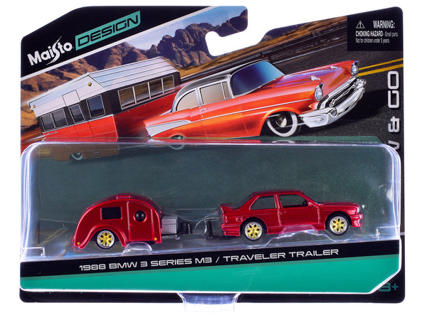 1988 BMW 3 Series M3 Red Metallic with Traveler Trailer "Tow & Go" Series 1/64 Diecast Model Car by Maisto 1988 BMW 3 Series M3 Red Metallic with Traveler Trailer "Tow & Go" Series 1/64 Diecast Model Car by Maisto