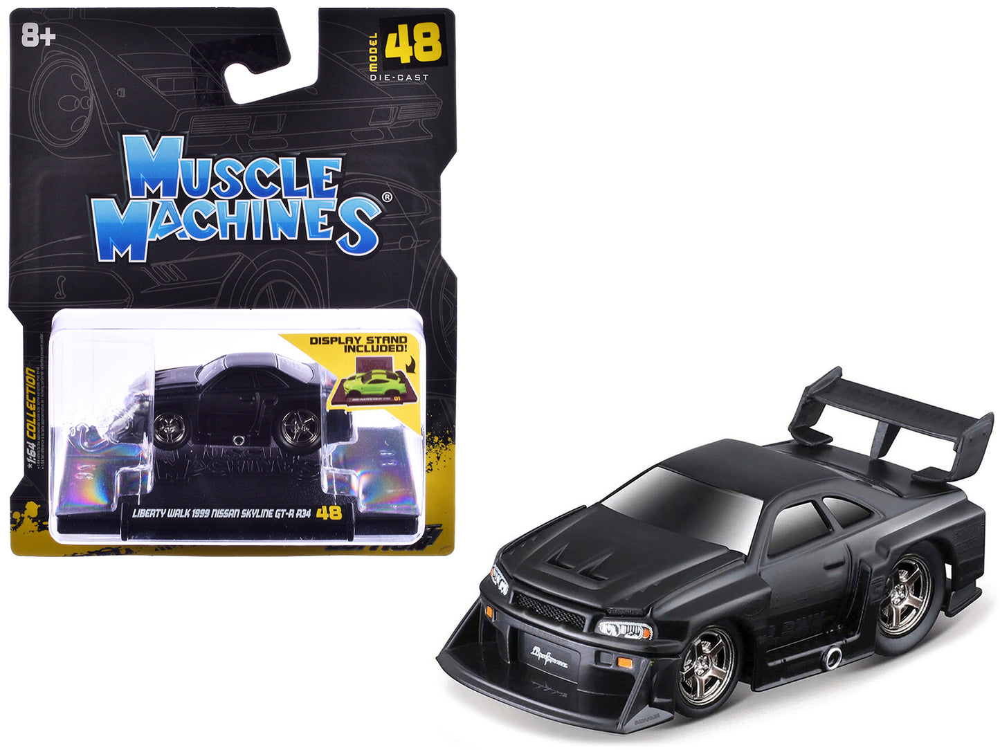 1999 Nissan Skyline GT-R (R34) #5 "Liberty Walk" Matt Black 1/64 Diecast Model Car by Muscle Machines - Use code SHOPAPP15 to get 15 percent off