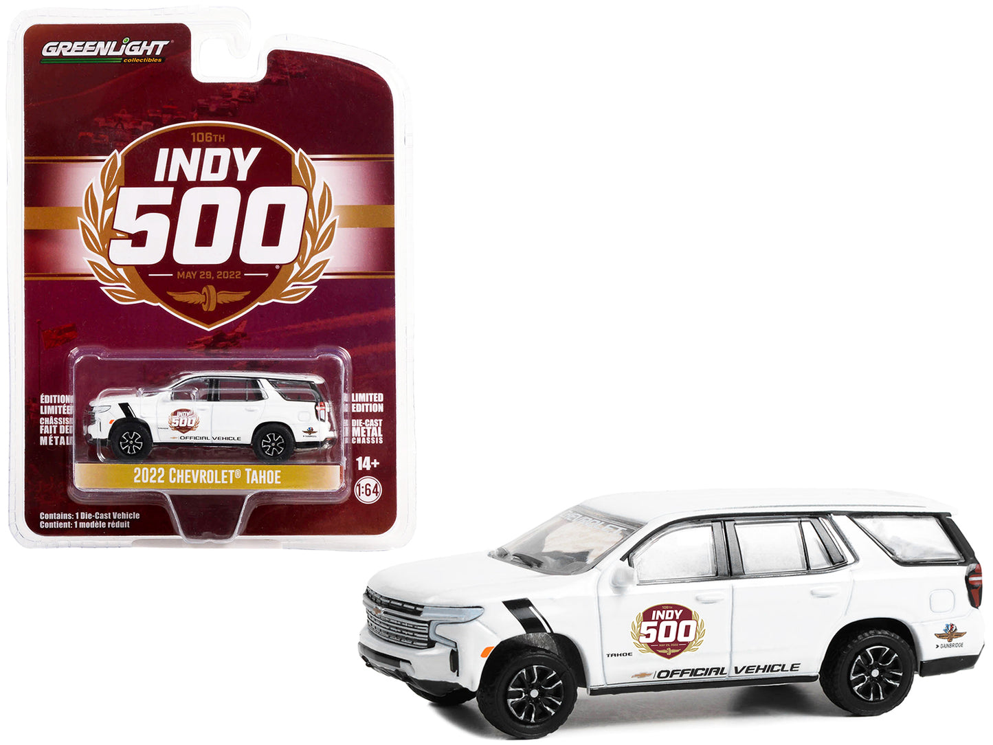 2022 Chevrolet Tahoe White "106th Running of the Indianapolis 500 Official Vehicle" (2022) "Anniversary Collection" Series 15 1/64 Diecast Model Car by Greenlight - Use code SHOPAPP15 to get 15 percent off