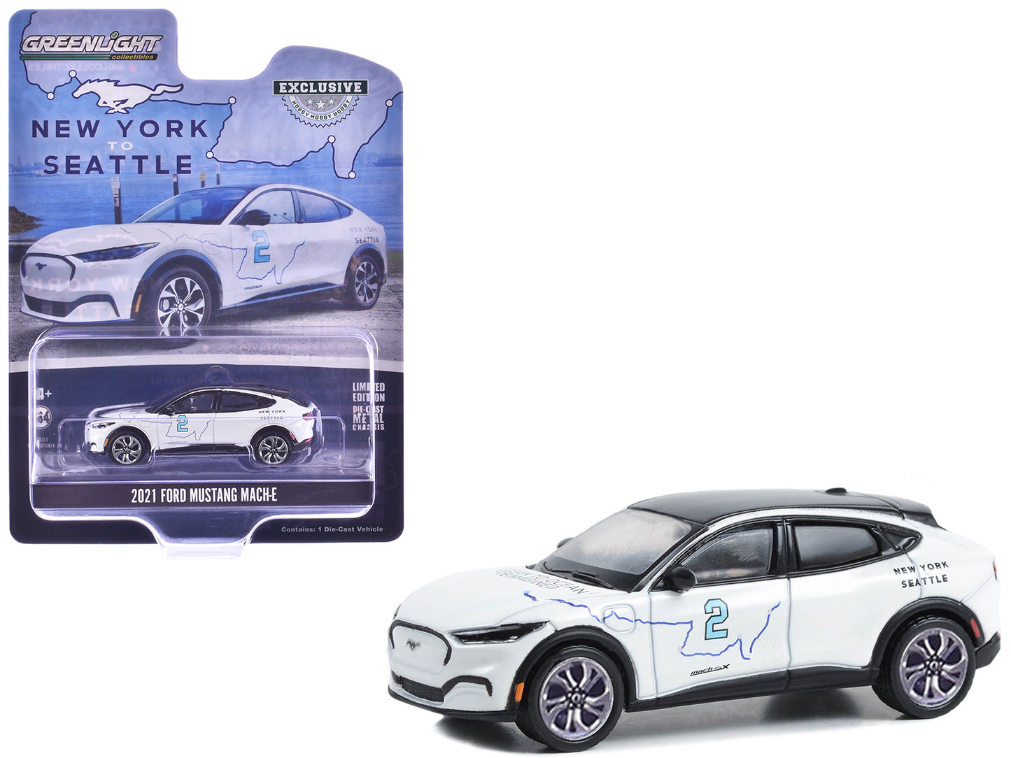 2021 Ford Mustang Mach-E #2 "New York to Seattle Transcontinental Tour" White with Black Top "Hobby Exclusive" Series 1/64 Diecast Model Car by Greenlight - Use code SHOPAPP15 to get 15 percent off