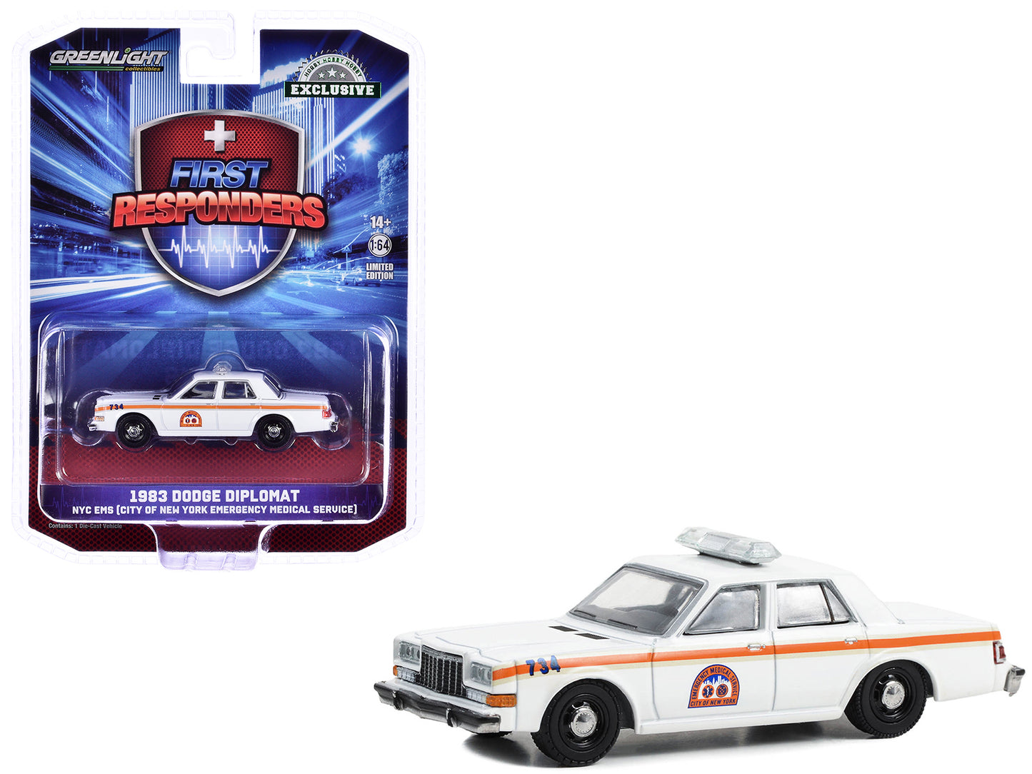 1983 Dodge Diplomat "NYC EMS (City of New York Emergency Medical Service)" White with Orange Stripes "First Responders - Hobby Exclusive" Series 1/64 Diecast Model Car by Greenlight