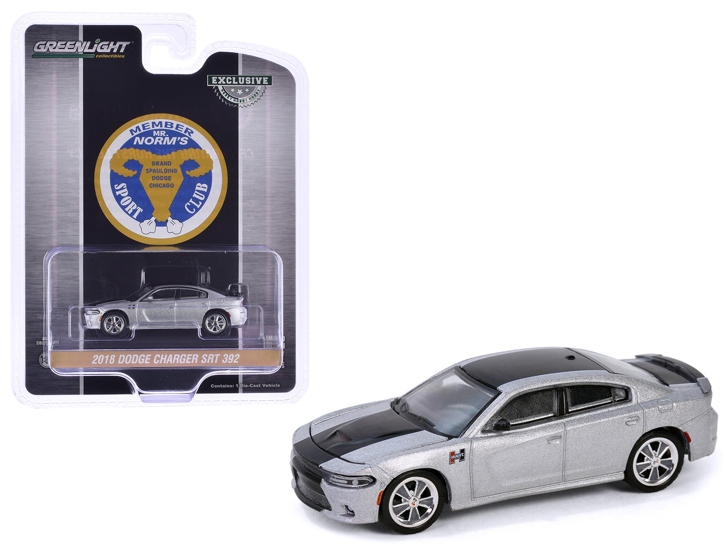 2018 Dodge Charger SRT 392 Silver Metallic with Black Stripe "Mr. Norm Heritage GSS Charger" "Hobby Exclusive" Series 1/64 Diecast Model Car by Greenlight - Use code SHOPAPP15 to get 15 percent off