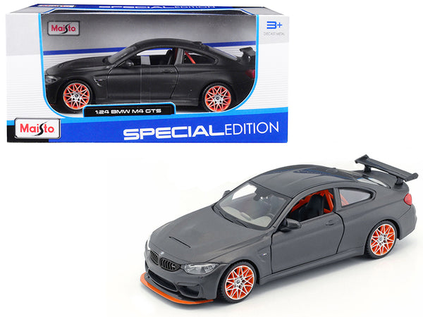 BMW M4 GTS Gray with Carbon Top and Orange Wheels 1/24 Diecast Model Car by Maisto BMW M4 GTS Gray with Carbon Top and Orange Wheels 1/24 Diecast Model Car by Maisto