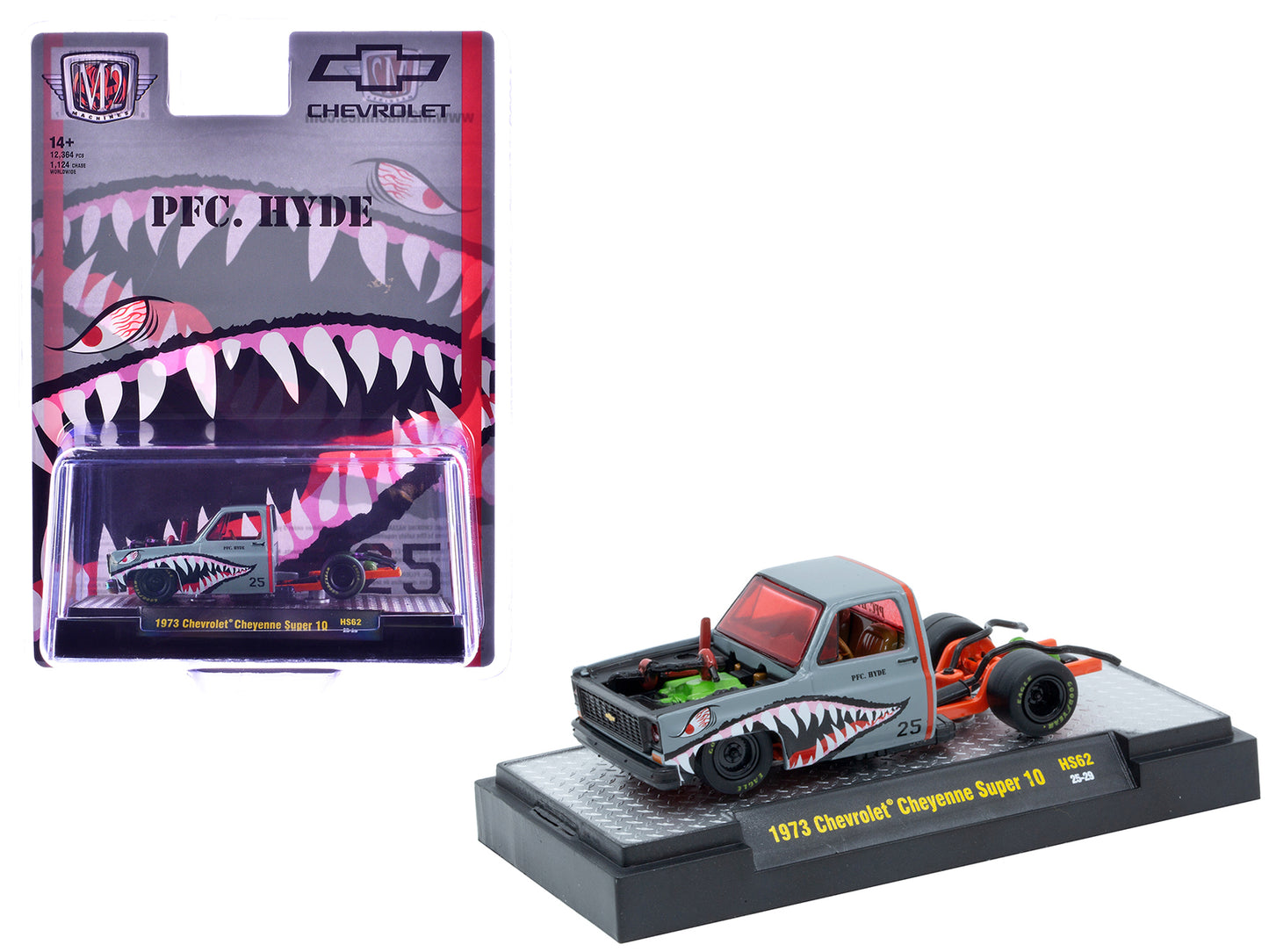 1973 Chevrolet Cheyenne Super 10 Bedless Truck "PFC. Hyde" Gray with Shark Mouth Graphics "Lowriders" Limited Edition to 12364 pieces Worldwide 1/64 Diecast Model Car by M2 Machines - Use code SHOPAPP15 to get 15 percent off
