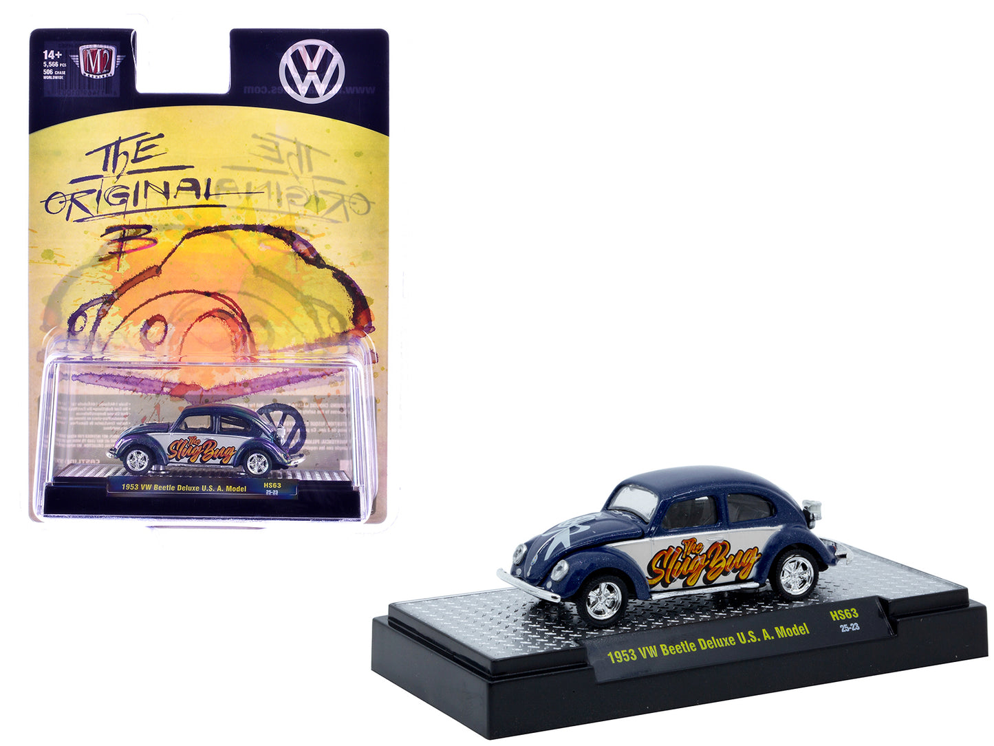 1953 Volkswagen Beetle Deluxe USA Model "The Slug Bug" Blue Metallic with White Sides Limited Edition to 5566 pieces Worldwide 1/64 Diecast Model Car by M2 Machines - Use code SHOPAPP15 to get 15 percent off