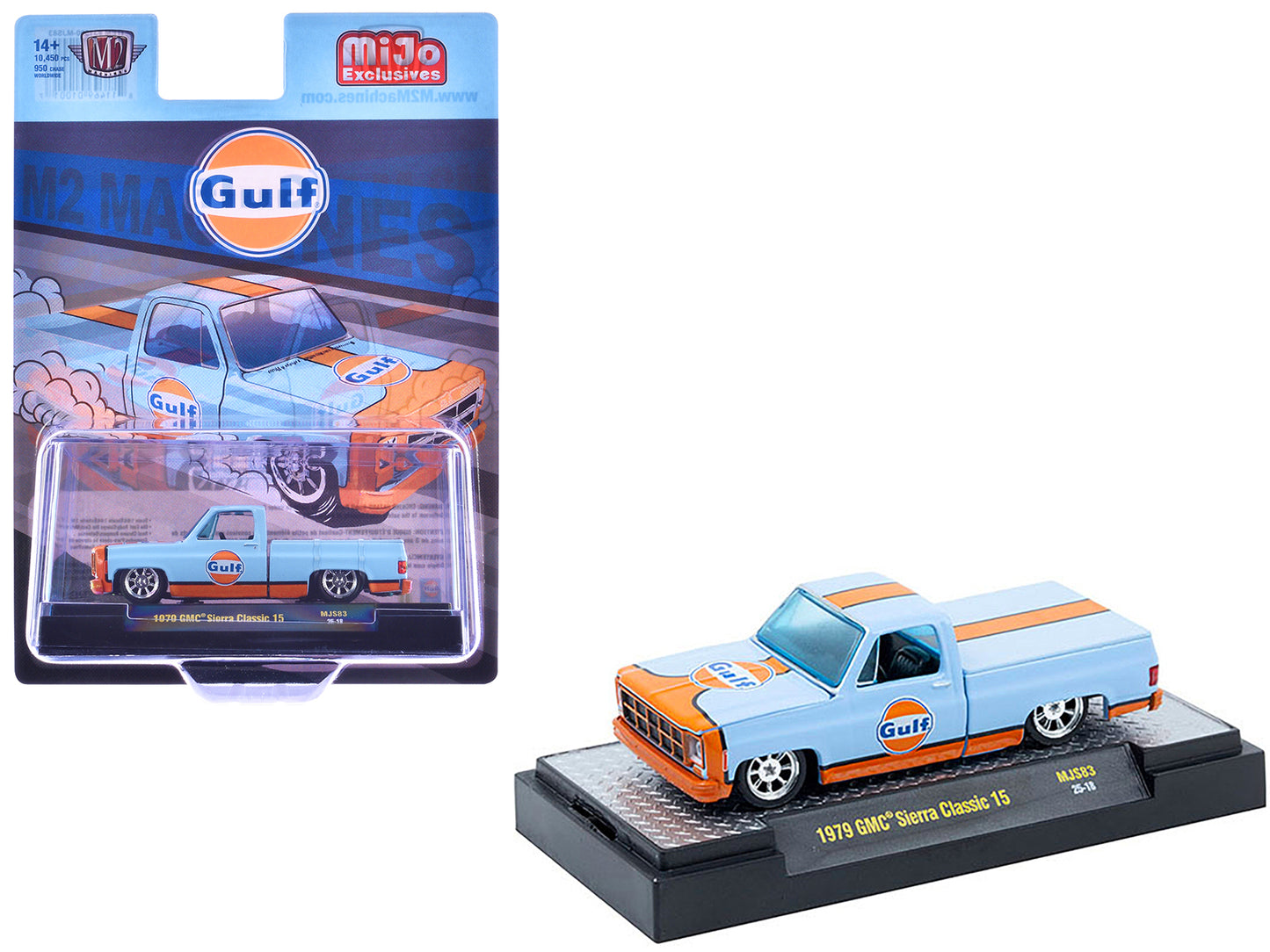 1979 GMC Sierra Classic 15 Pickup Truck "Gulf Oil" Light Blue with Orange Stripe Limited Edition to 10450 pieces Worldwide 1/64 Diecast Model Car by M2 Machines