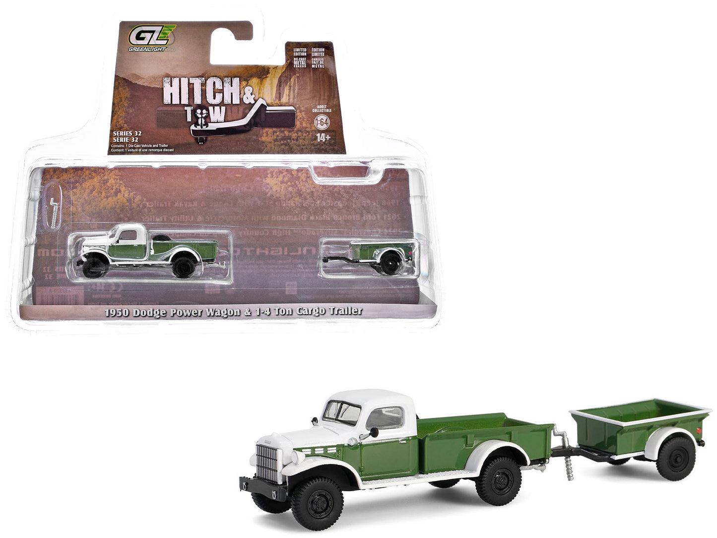 1950 Dodge Power Wagon Pickup Truck Green and White with 1/4 Ton Cargo Trailer Green "Hitch & Tow" Series 32 1/64 Diecast Model Cars by Greenlight