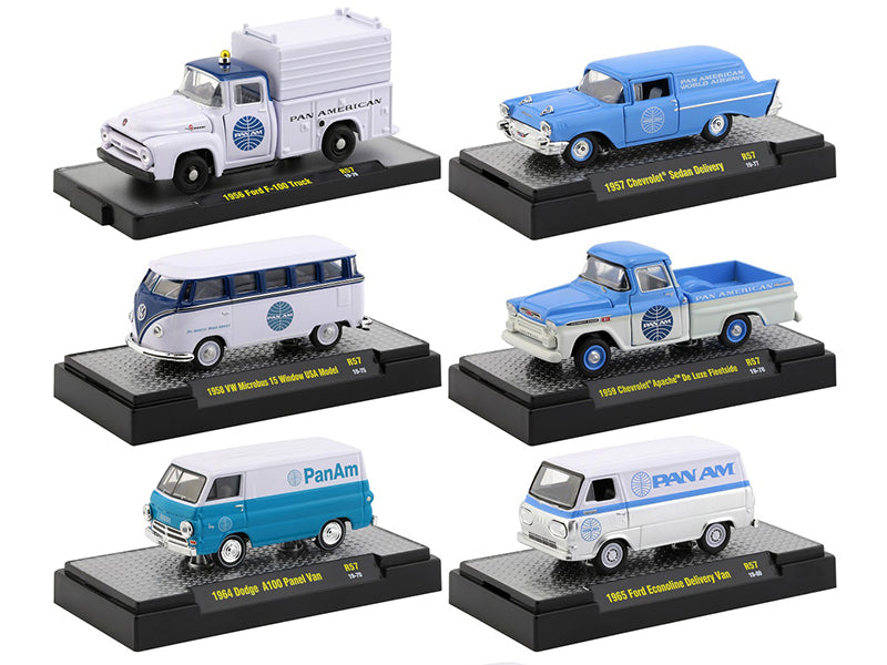 "Auto Trucks" Set of 6 pieces Release 57 "Pan American World Airways" (Pan Am) IN DISPLAY CASES 1/64 Diecast Model Cars by M2 Machines free shipping USA