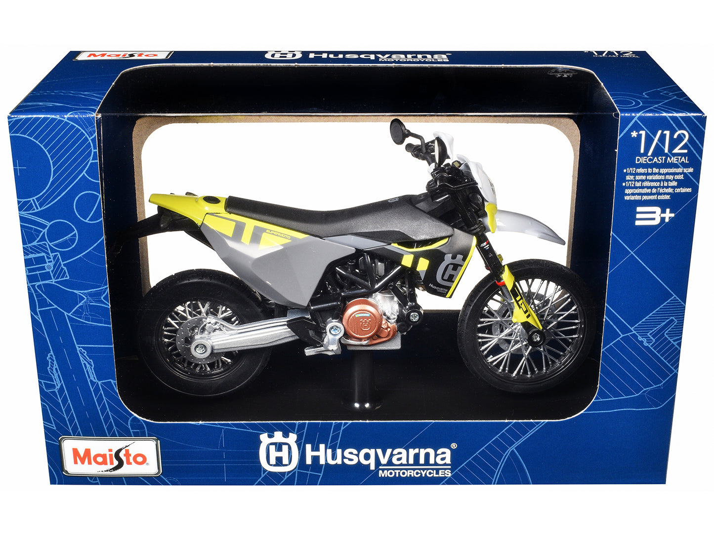 2023 Husqvarna 701 Supermoto Motorcycle Matt Black and Gray with Yellow and White Accents with Display Base 1/12 Diecast Model by Maisto - Use code SHOPAPP15 to get 15 percent off