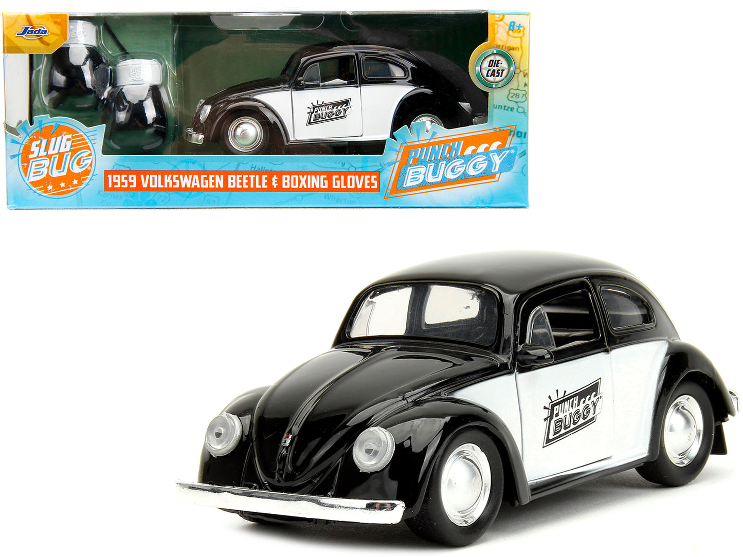 1959 Volkswagen Beetle "Punch Buggy" Black and White and Boxing Gloves Accessory "Punch Buggy" Series 1/32 Diecast Model Car by Jada - Use code SHOPAPP15 to get 15 percent off