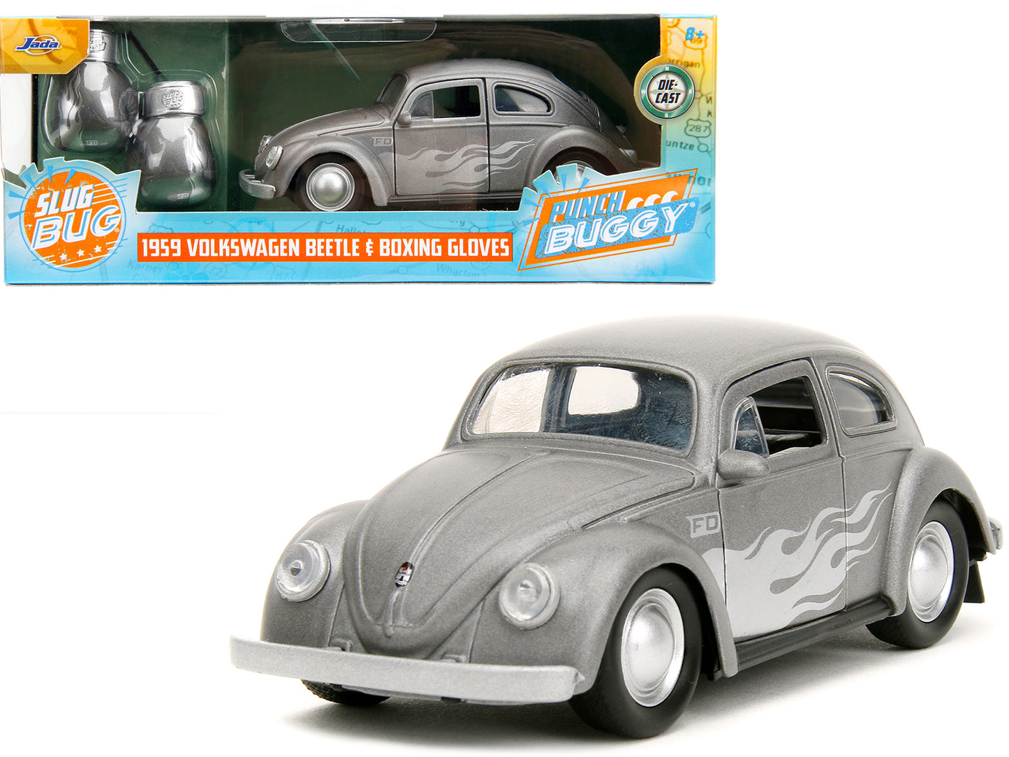 1959 Volkswagen Beetle Gray Metallic with Silver Flames and Boxing Gloves Accessory "Punch Buggy" Series 1/32 Diecast Model Car by Jada - Use code SHOPAPP15 to get 15 percent off