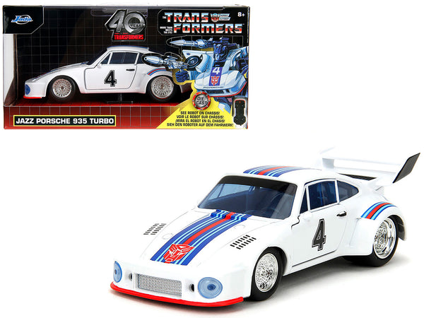 Porsche 935 Turbo #4 "Jazz" White with Blue and Red Stripes "Transformers" "Hollywood Rides" Series 1/32 Diecast Model Car by Jada Porsche 935 Turbo #4 "Jazz" White with Blue and Red Stripes "Transformers" "Hollywood Rides" Series 1/32 Diecast Model Car by Jada