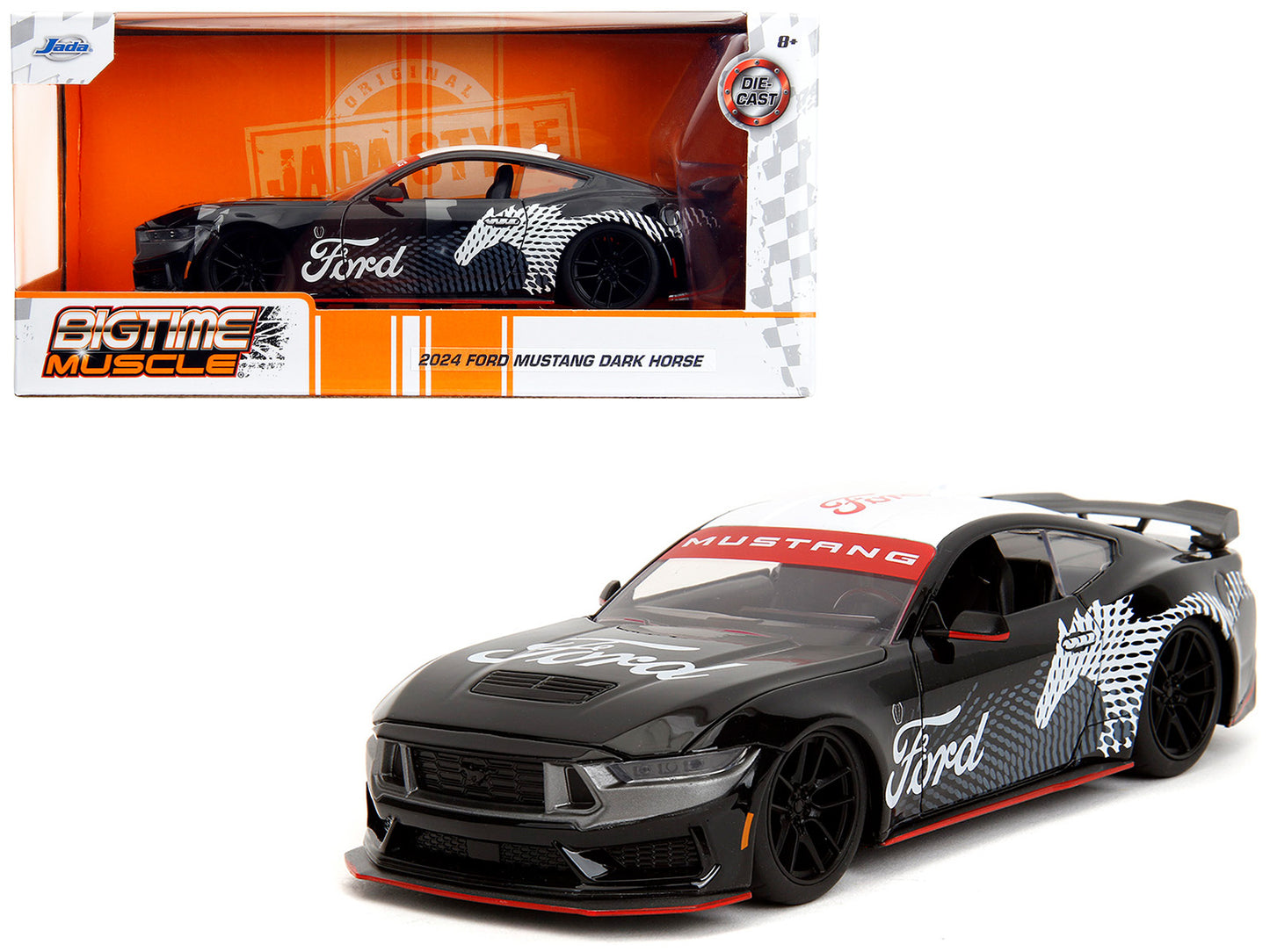 2024 Ford Mustang Dark Horse Black with White Top and "Mustang Horse Graphics" "Bigtime Muscle" Series 1/24 Diecast Model Car by Jada