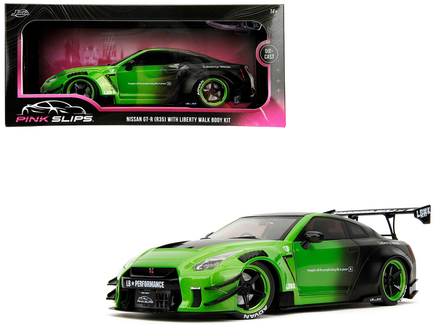 Nissan GT-R (R35) Liberty Walk Body Kit 2.0 RHD (Right Hand Drive) Green and Matt Black "Pink Slips" Series 1/18 Diecast Model Car by Jada