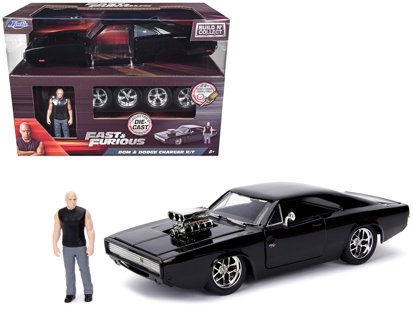 Model Kit Dodge Charger R/T Black and Dom Diecast Figure "Fast & Furious" Movie "Build N' Collect" Series 1/24 Diecast Model Car by Jada - Use code SHOPAPP15 to get 15 percent off