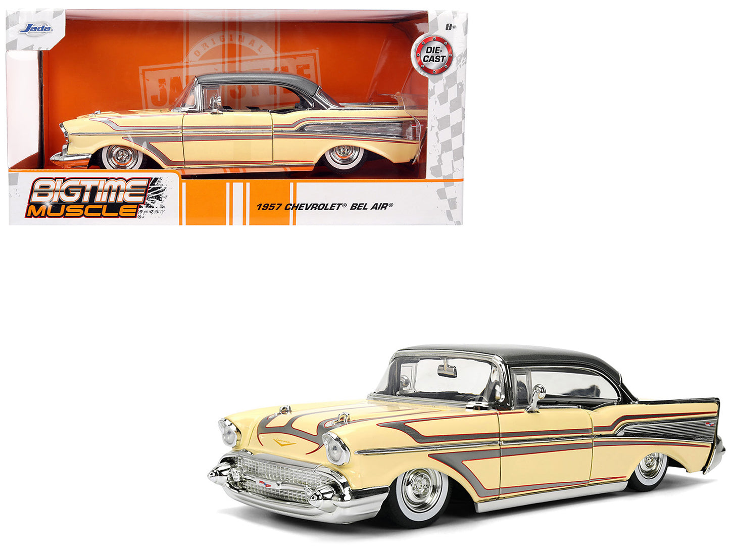 1957 Chevrolet Bel Air Cream with Graphics and Gray Metallic Top "Bigtime Muscle" Series 1/24 Diecast Model Car by Jada