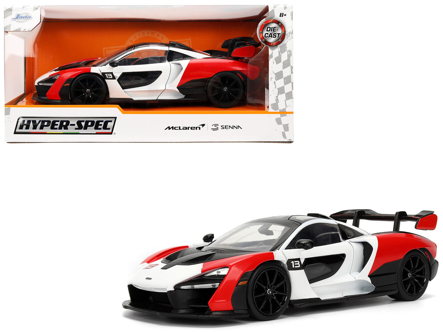 McLaren Senna Red and White with Carbon Hood and Top "HyperSpec" Series 1/24 Diecast Model Car by Jada