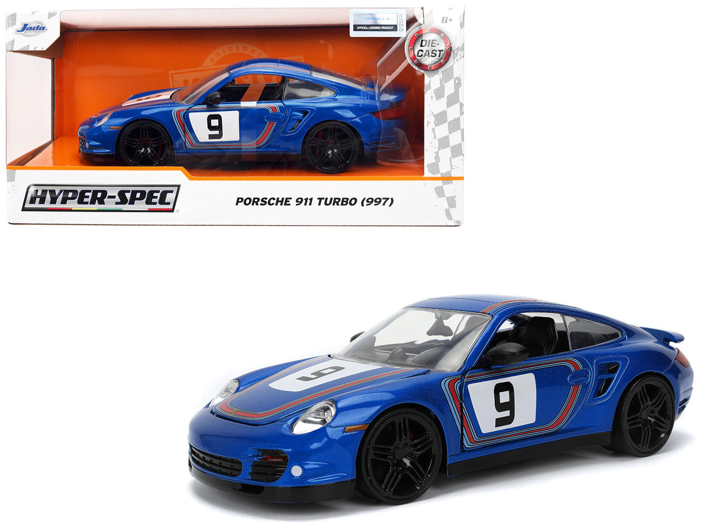 Porsche 911 Turbo (997) #9 Blue Metallic with Stripes "Hyper-Spec" Series 1/24 Diecast Model Car by Jada