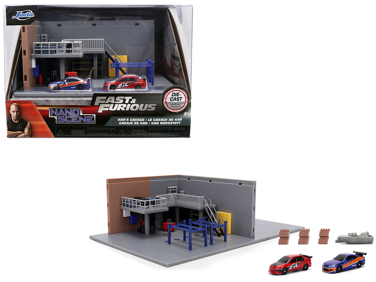 "Fast & Furious" Han's Garage Diorama with 2 Cars and Accessories "Nano Scene" Series 1/32 Model by Jada - Use code SHOPAPP15 to get 15 percent off