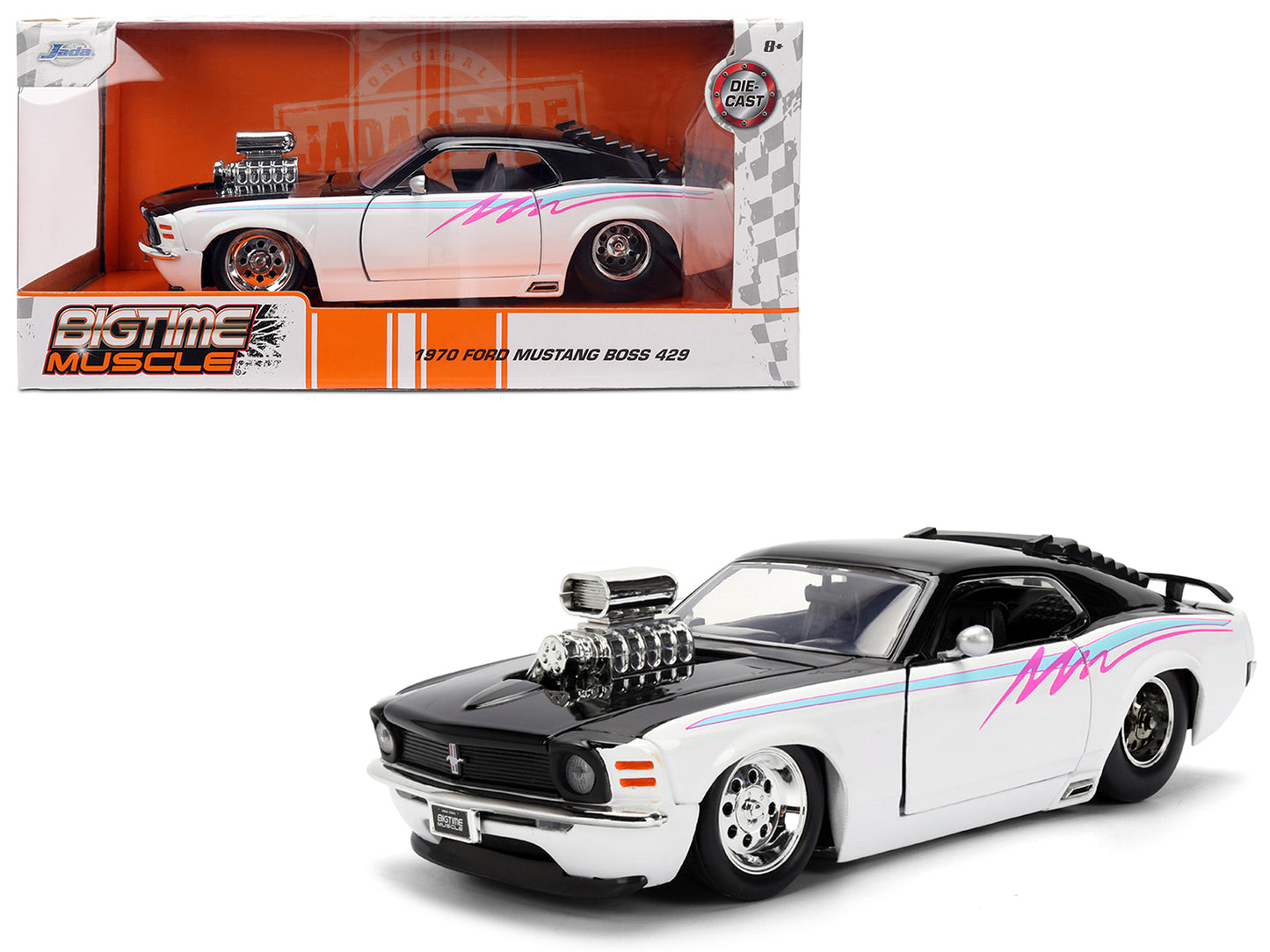 1970 Ford Mustang Boss 429 Black and White with Graphics "Bigtime Muscle" Series 1/24 Diecast Model Car by Jada - Use code SHOPAPP15 to get 15 percent off