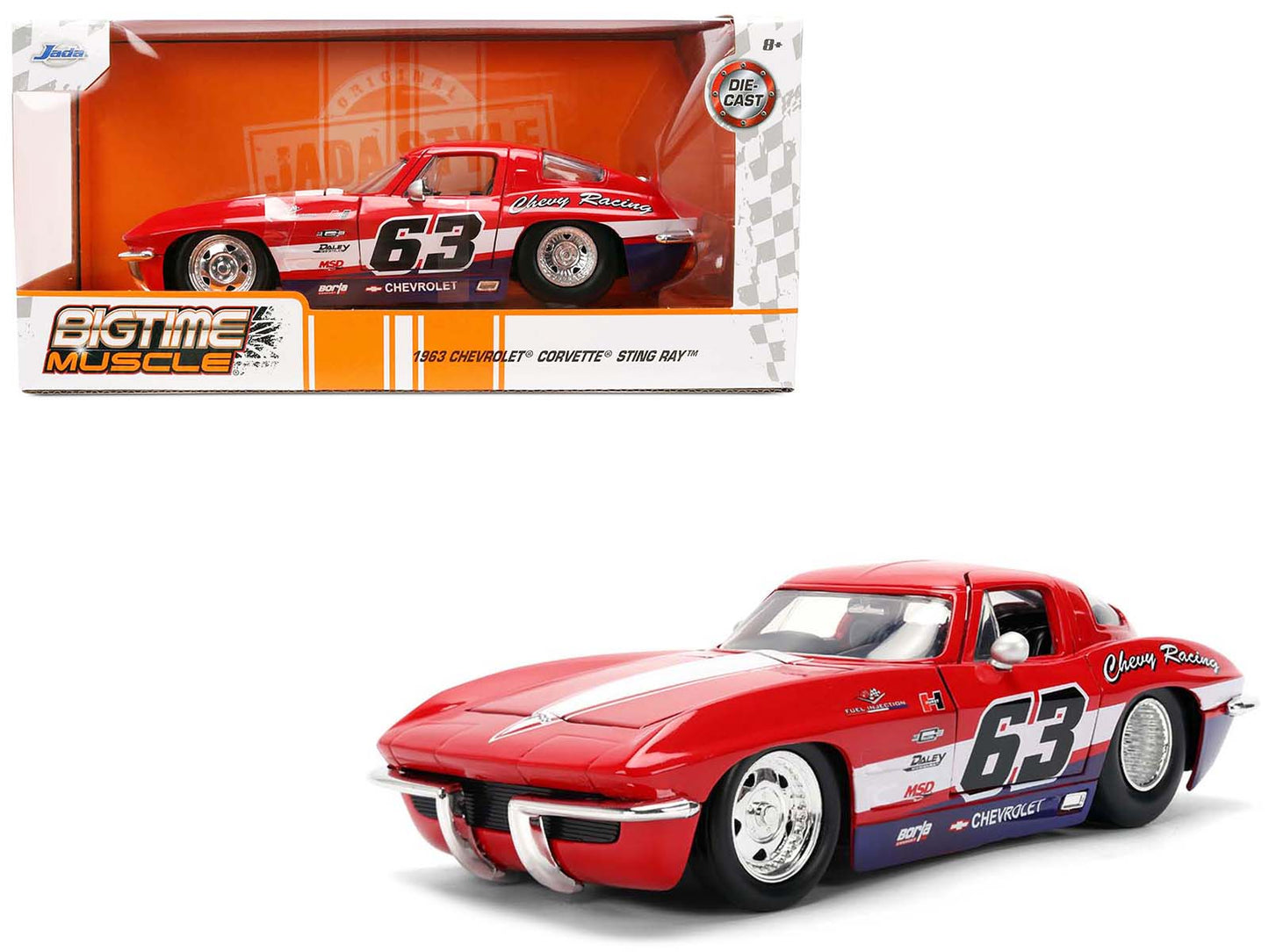 1963 Chevrolet Corvette Stingray #63 "Chevy Racing" Red with White and Blue Stripes "Bigtime Muscle" Series 1/24 Diecast Model Car by Jada - Use code SHOPAPP15 to get 15 percent off