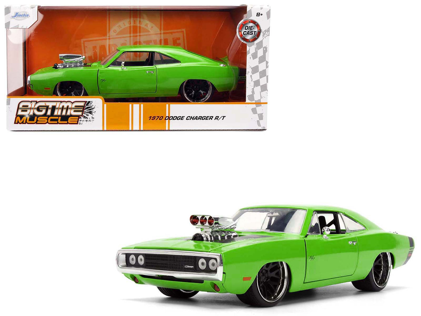1970 Dodge Charger R/T Bright Green with Black Tail Stripe "Bigtime Muscle" Series 1/24 Diecast Model Car by Jada - Use code SHOPAPP15 to get 15 percent off