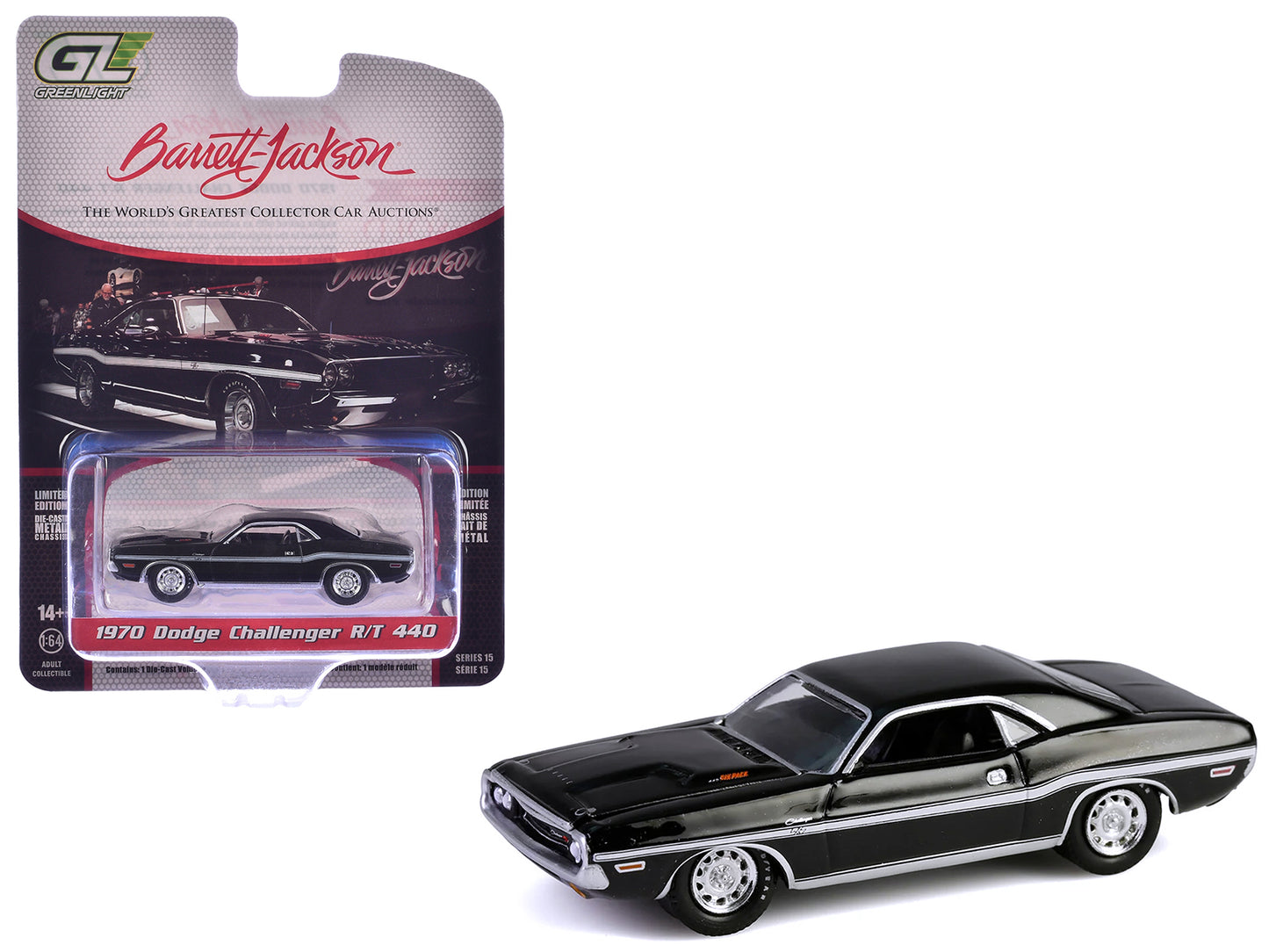 1970 Dodge Challenger R/T 440 Black with White Stripes "Barrett-Jackson" Series 15 1/64 Diecast Model Car by Greenlight - Use code SHOPAPP15 to get 15 percent off
