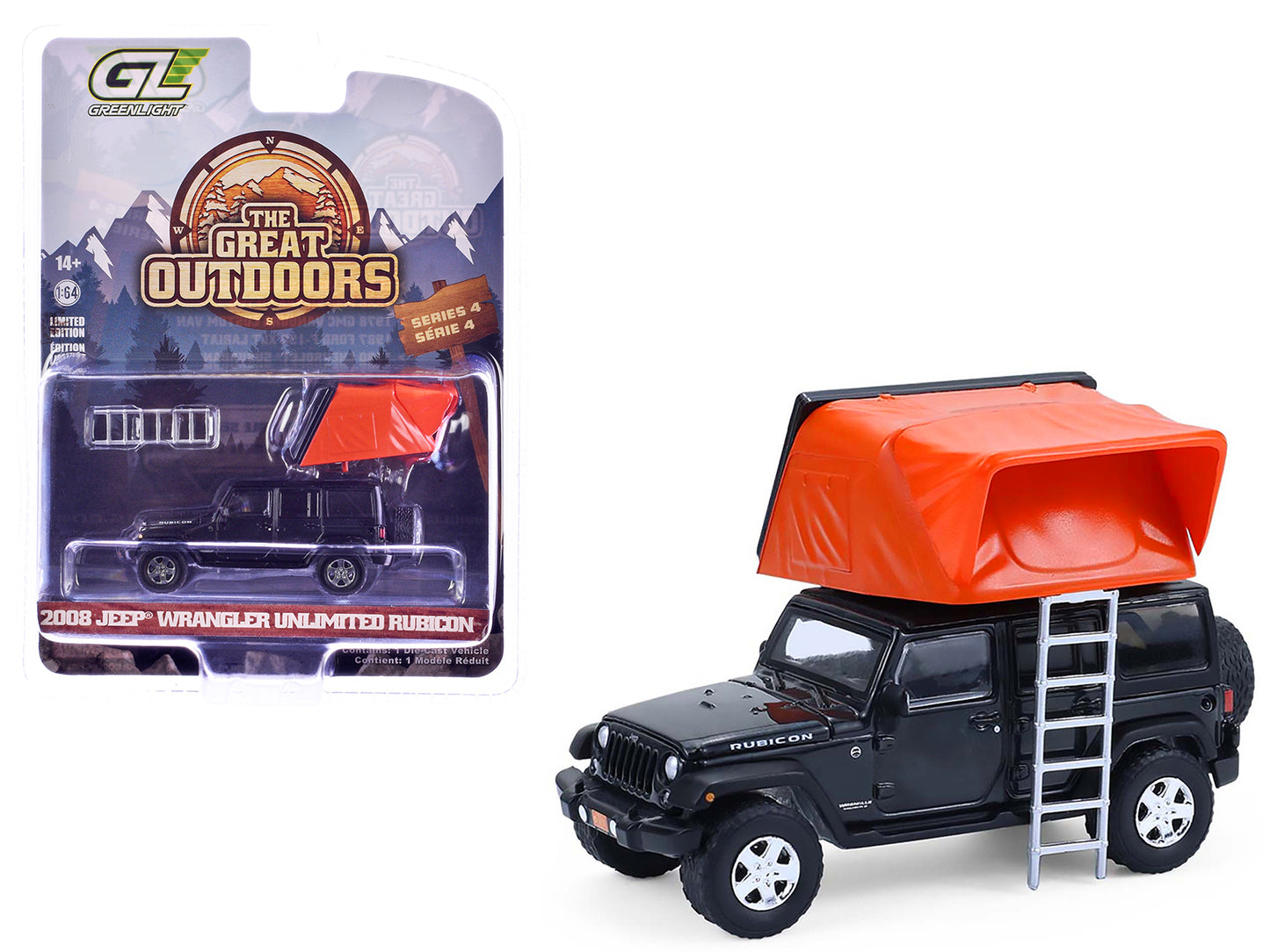 2008 Jeep Wrangler Unlimited Rubicon Dark Charcoal with Modern Rooftop Camper "The Great Outdoors" Series 4 1/64 Diecast Model Car by Greenlight - Use code SHOPAPP15 to get 15 percent off