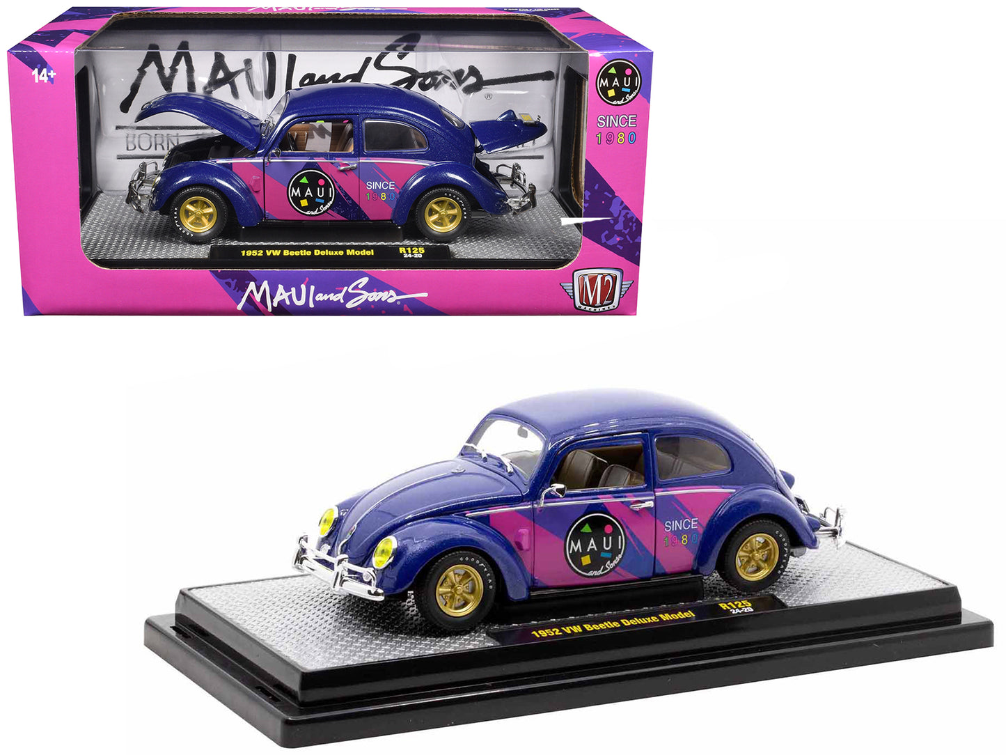 1952 Volkswagen Beetle Deluxe Model "Maui & Sons" Purple Metallic with Graphics Limited Edition to 6650 pieces Worldwide 1/24 Diecast Model Car by M2 Machines - Use code SHOPAPP15 to get 15 percent off
