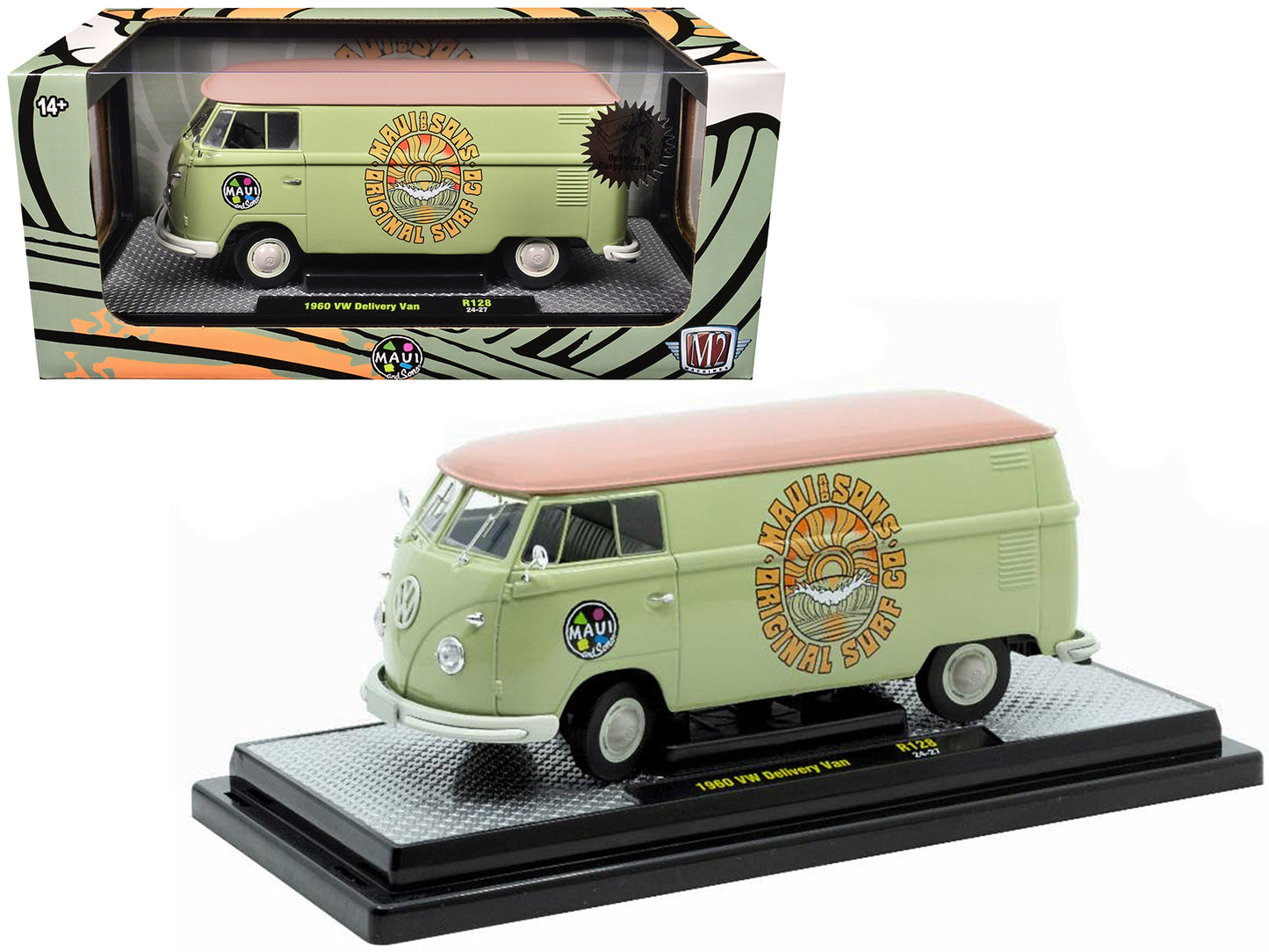 1960 Volkswagen Delivery Van "Maui & Sons" Light Olive Green with Salmon Top Limited Edition to 6650 pieces Worldwide 1/24 Diecast Model Car by M2 Machines - Use code SHOPAPP15 to get 15 percent off