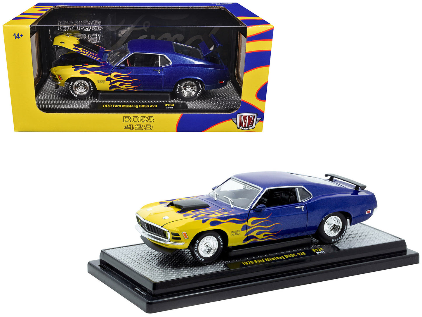 1970 Ford Mustang BOSS 429 Blue Metallic with Flame Graphics Limited Edition to 6650 pieces Worldwide 1/24 Diecast Model Car by M2 Machines