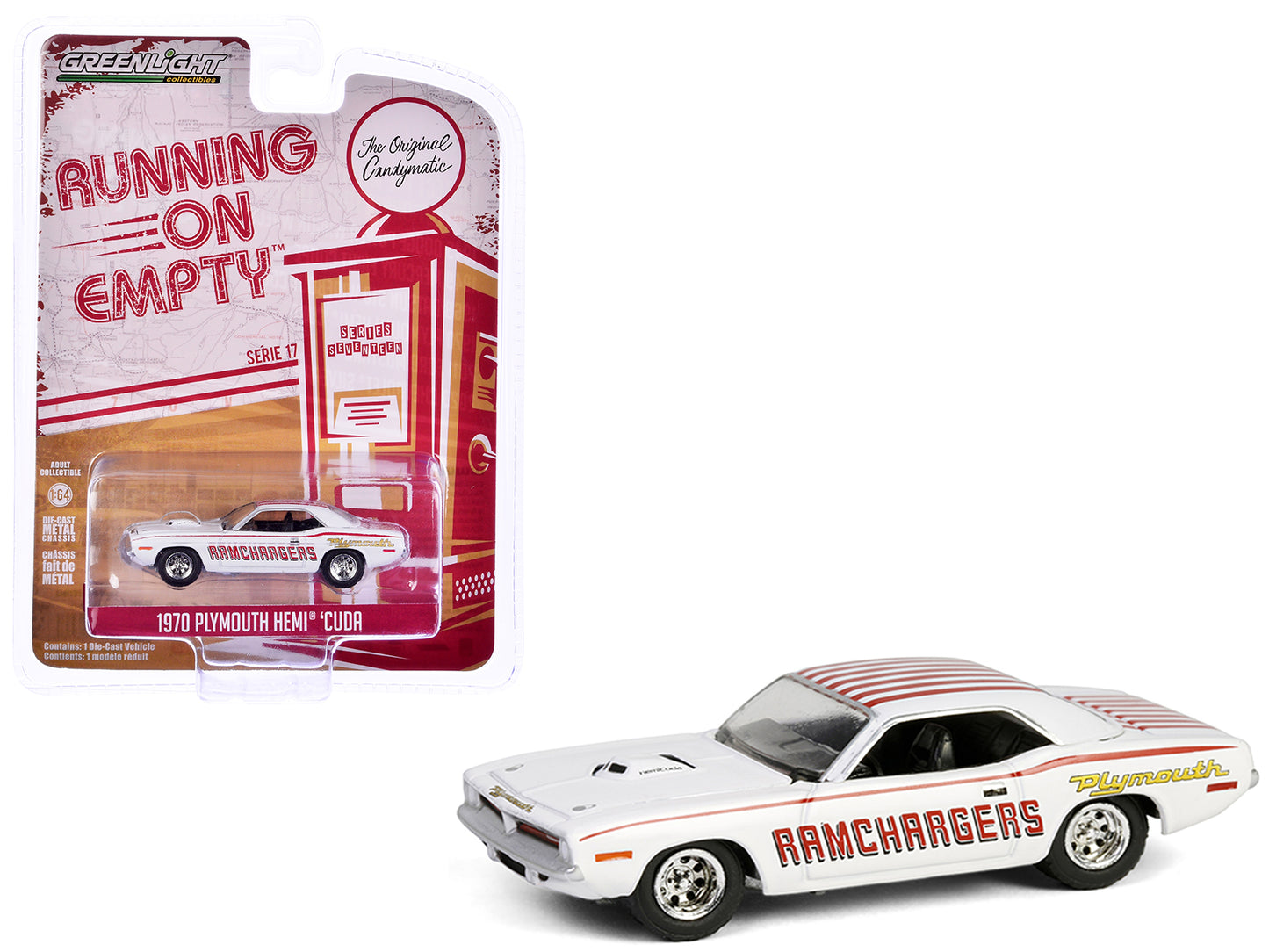 1970 Plymouth Hemi Barracuda "Ramchargers" White with Red Stripes "Running on Empty" Series 17 1/64 Diecast Model Car by Greenlight