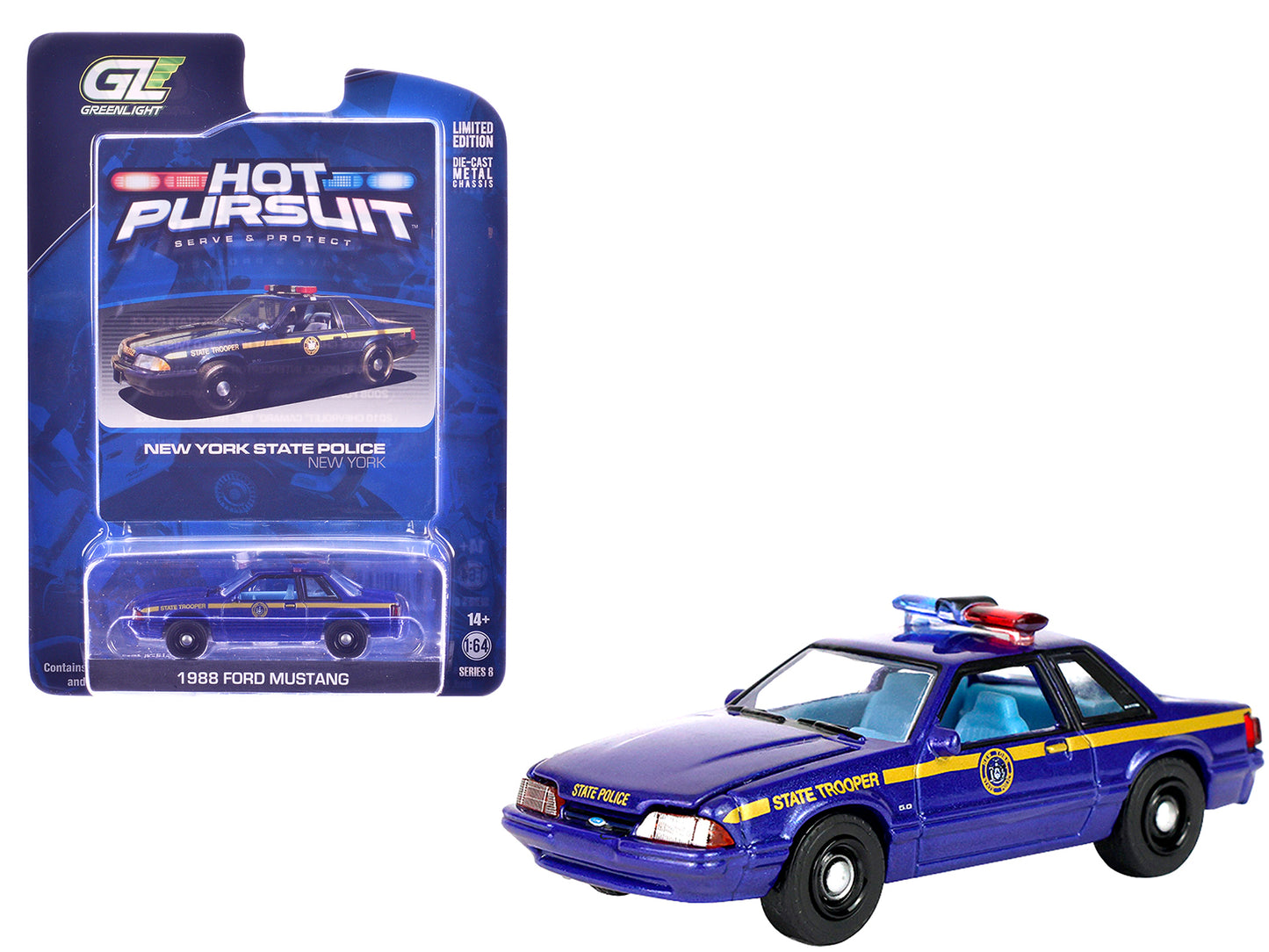 1988 Ford Mustang "New York State Police" Blue with Yellow Stripes and Blue Interior "Hot Pursuit" Series 8 1/64 Diecast Model Car by Greenlight - Use code SHOPAPP15 to get 15 percent off