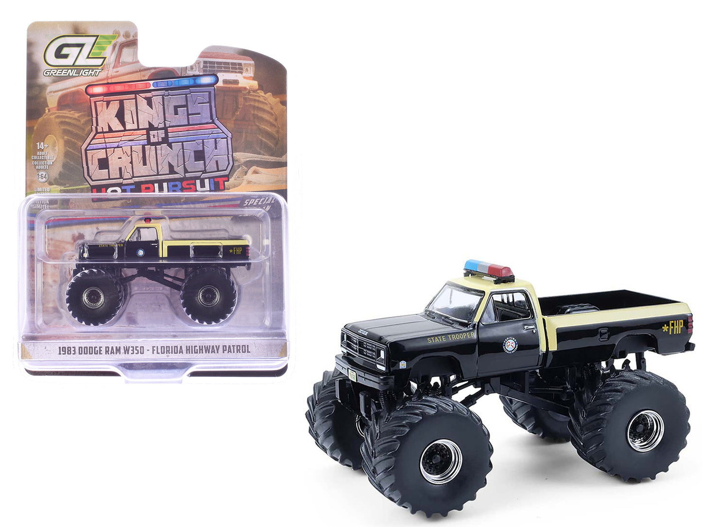 1983 Dodge Ram W350 Monster Truck "Florida Highway Patrol" Black with Cream Top and Stripes "Kings of Crunch - Hot Pursuit" Special Edition 1/64 Diecast Model Car by Greenlight - Use code SHOPAPP15 to get 15 percent off