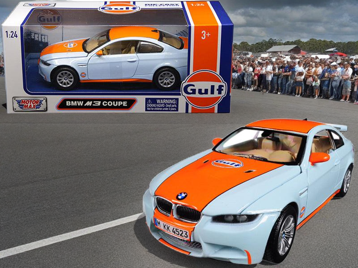 BMW M3 Coupe with "Gulf Oil" Livery Light Blue with Orange Stripe 1/24 Diecast Model Car by Motormax
