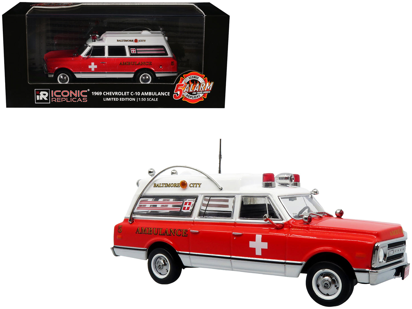 1969 Chevrolet C-10 Ambulance "Baltimore City Fire Department" White and Red "5 Alarm" Series Limited Edition 1/50 Diecast Model by Iconic Replicas
