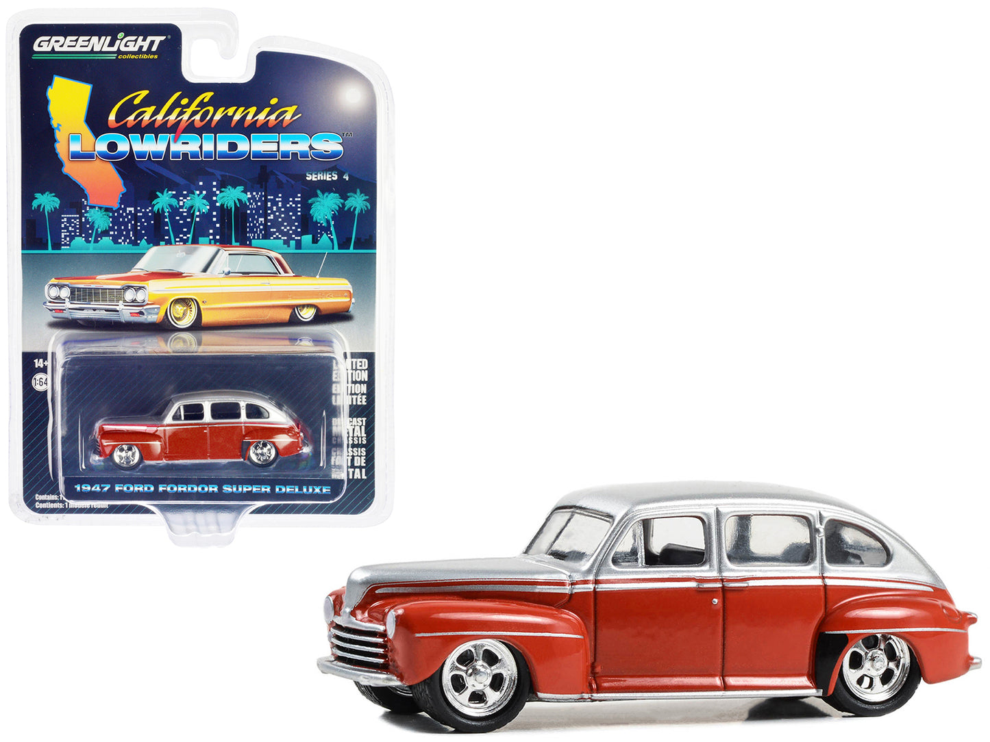1947 Ford Fordor Super Deluxe Lowrider Red and Silver Metallic "California Lowriders" Series 4 1/64 Diecast Model Car by Greenlight - Use code SHOPAPP15 to get 15 percent off