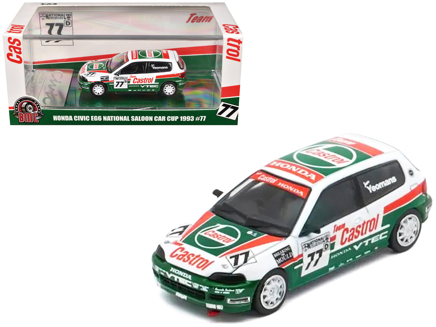 Honda Civic EG6 RHD (Right Hand Drive) #77 Team Castrol "National Saloon Car Cup" (1993) 1/64 Diecast Model Car by BM Creations - Use code SHOPAPP15 to get 15 percent off