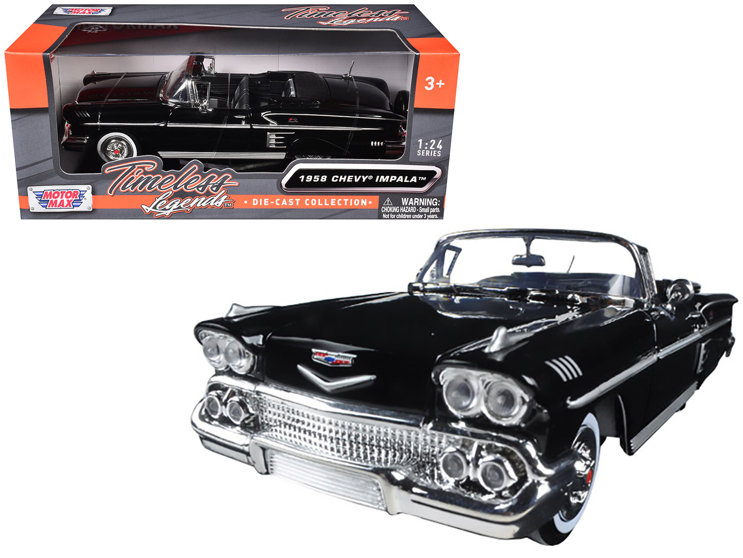 1958 Chevrolet Impala Convertible Black 1/24 Diecast Model Car by Motormax