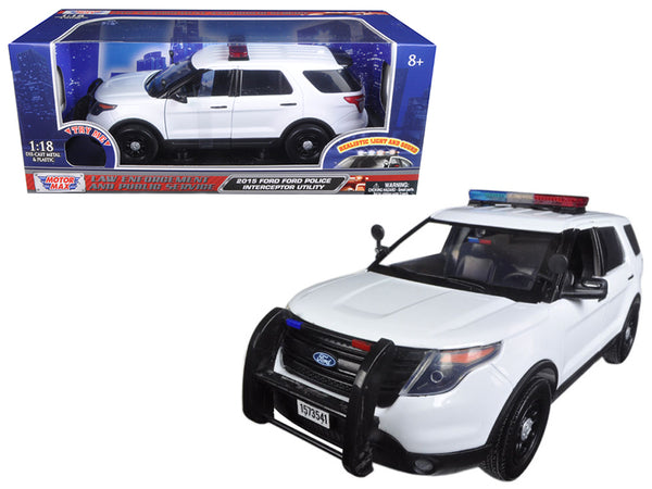 2015 Ford Police Interceptor Utility White with Flashing Light Bar and Front and Rear Lights and 2 Sounds 1/18 Diecast Model Car by Motormax 2015 Ford Police Interceptor Utility White with Flashing Light Bar and Front and Rear Lights and 2 Sounds 1/18 Diecast Model Car by Motormax