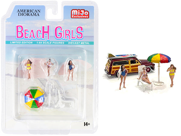 "Beach Girls" 5 piece Diecast Set (3 Figurines 1 Beach Chaise and 1 Beach Umbrella) for 1/64 Scale Models by American Diorama "Beach Girls" 5 piece Diecast Set (3 Figurines 1 Beach Chaise and 1 Beach Umbrella) for 1/64 Scale Models by American Diorama