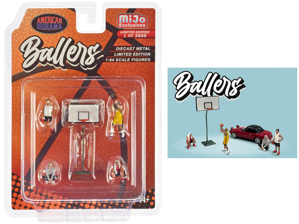 "Ballers" 5 piece Diecast Figure Set (4 Figures 1 Basketball Hoop) Limited Edition to 3600 pieces Worldwide 1/64 Scale Models by American Diorama "Ballers" 5 piece Diecast Figure Set (4 Figures 1 Basketball Hoop) Limited Edition to 3600 pieces Worldwide 1/64 Scale Models by American Diorama