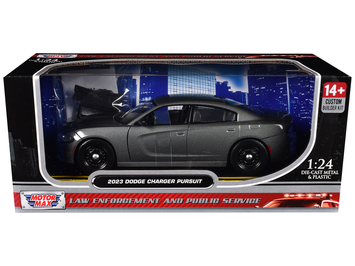 2023 Dodge Charger Pursuit Police Car Gray Metallic "Custom Builder's Kit - Law Enforcement and Public Service" Series 1/24 Diecast Model Car by Motormax - Use code SHOPAPP15 to get 15 percent off
