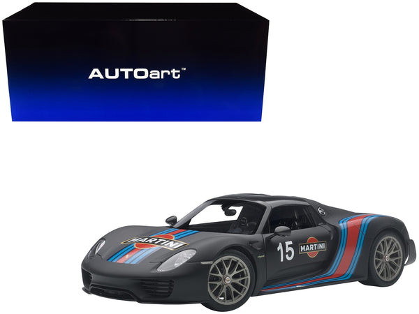 Porsche 918 Spyder Weissach Package Black/ Martini Livery #15 1/18 Model Car by Autoart Porsche 918 Spyder Weissach Package Black/ Martini Livery #15 1/18 Model Car by Autoart