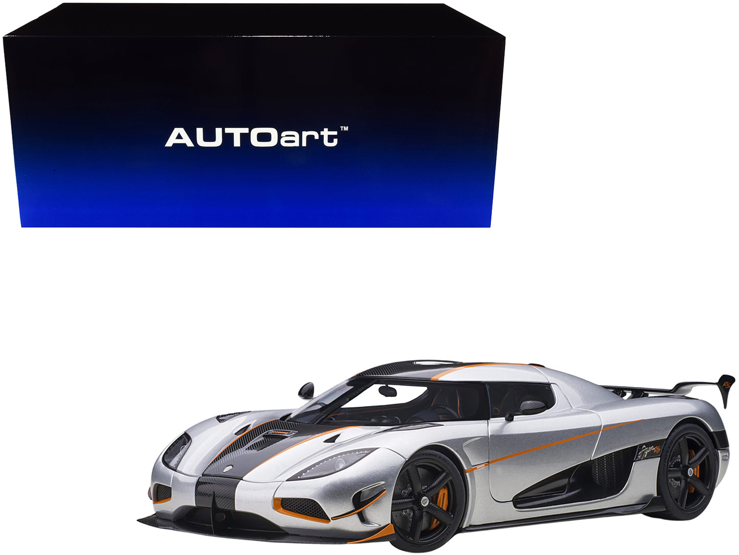 Koenigsegg Agera RS Moon Silver with Carbon and Orange Accents 1/18 Model Car by Autoart