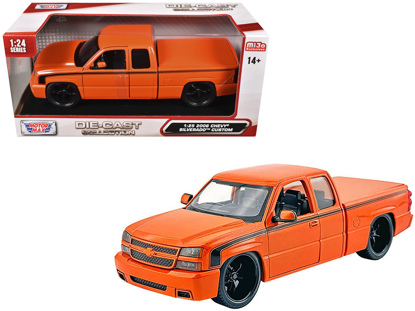 2006 Chevrolet Silverado Custom Pickup Truck Orange Metallic with Black Stripes "Die-Cast Collection" Series 1/25 Diecast Model Car by Motormax - Use code SHOPAPP15 to get 15 percent off