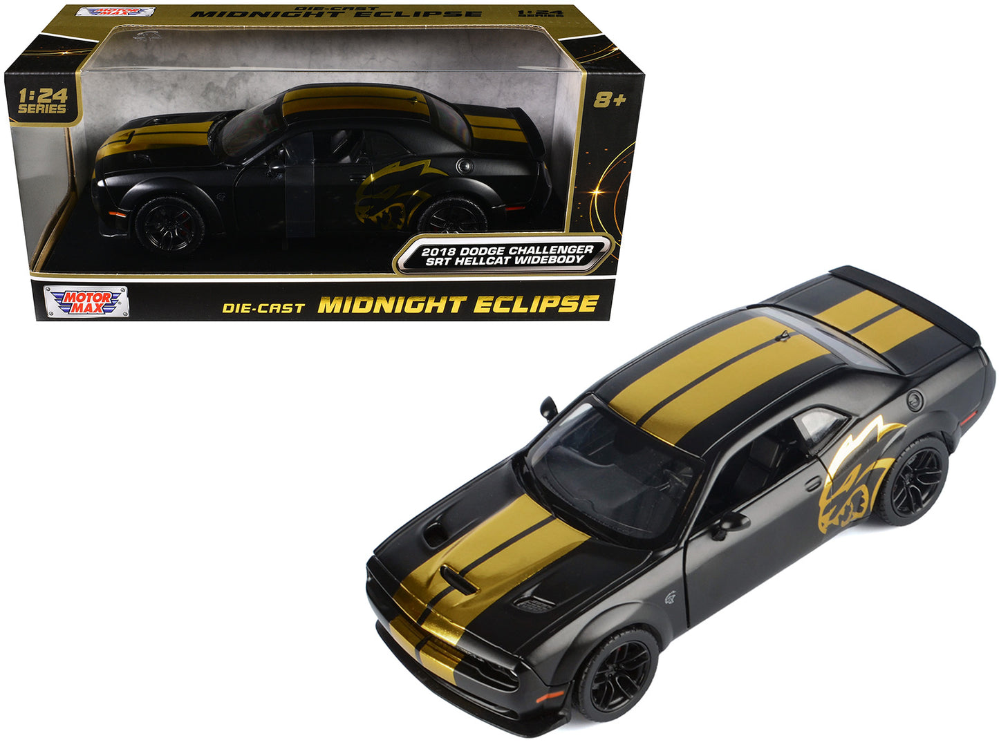 2018 Dodge Challenger SRT Hellcat Widebody Matt Black with Gold Stripes and Graphics "Midnight Eclipse" Series 1/24 Diecast Model Car by Motormax
