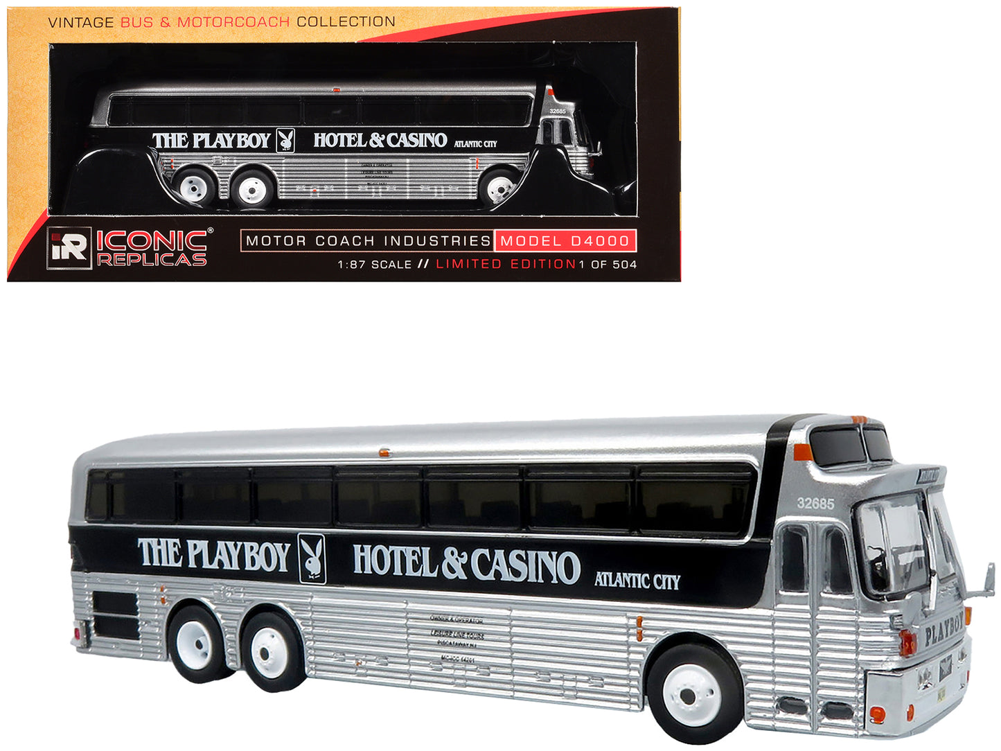 1969 Eagle Model 05 Coach Bus "The Playboy Hotel & Casino" Silver and Black Limited Edition to 504 pieces Worldwide 1/87 (HO) Diecast Model by Iconic Replicas